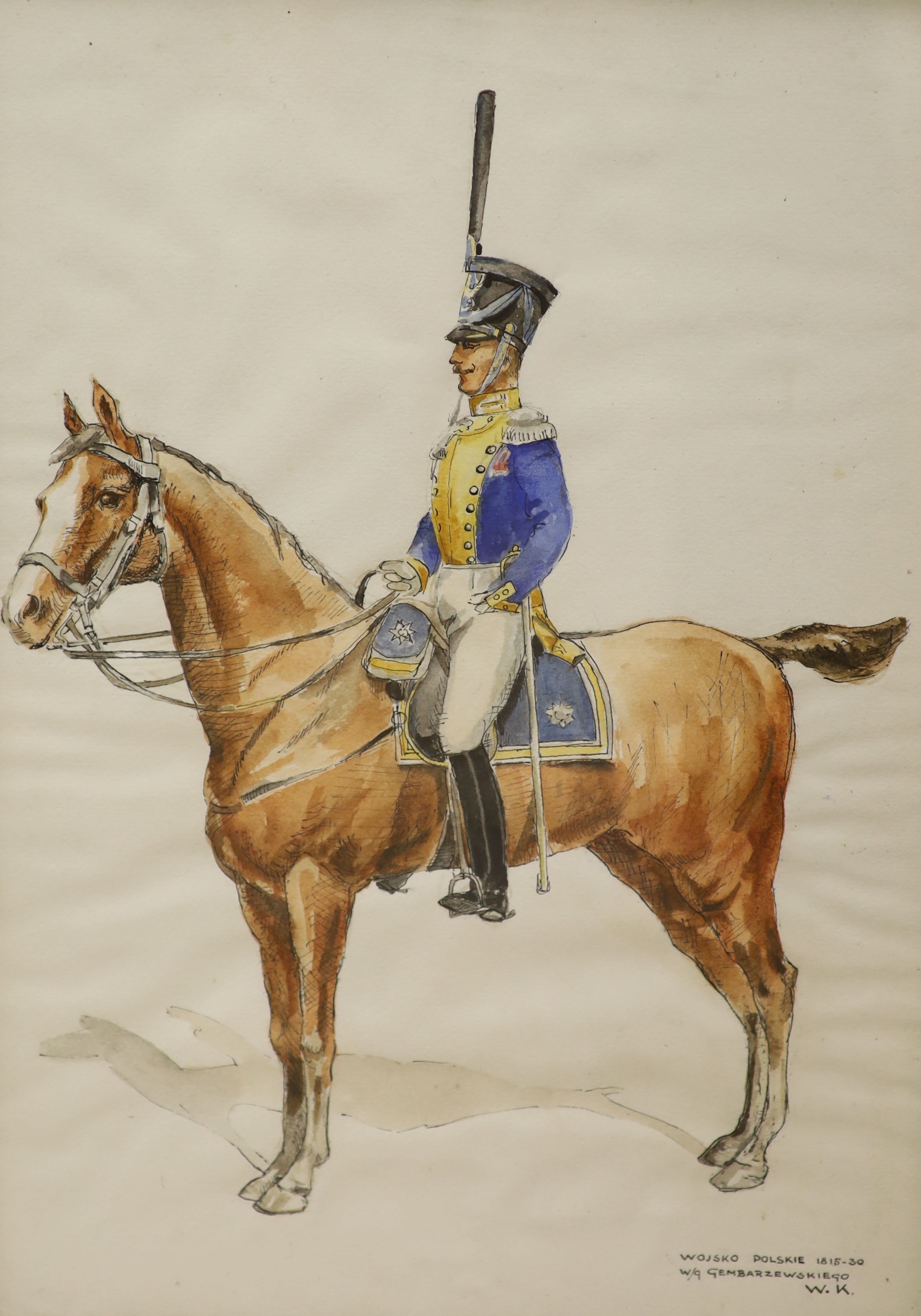 Polish School, two ink and watercolour drawings, Studies of Polish cavalrymen c.1815-30, 38 x 27cm and a watercolour of a cornfield